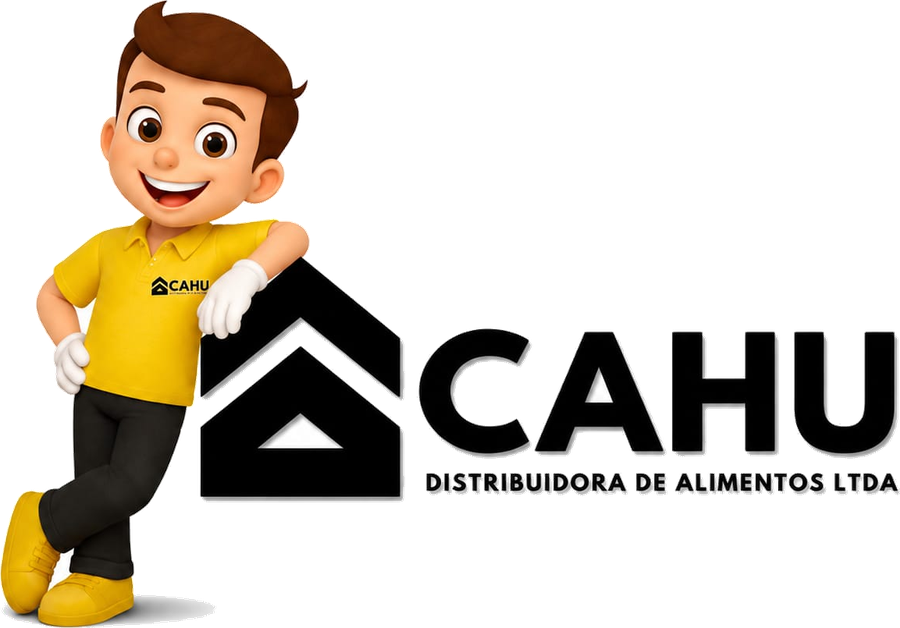 Logotipo da CAHU Distribuidora de Alimentos LTDA com o mascote da empresa